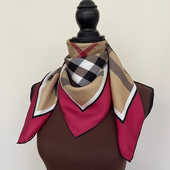 New Unisex Burberry Scarf Beige Check Burgundy Red Border Silk Wrap - Picture 1 of 14